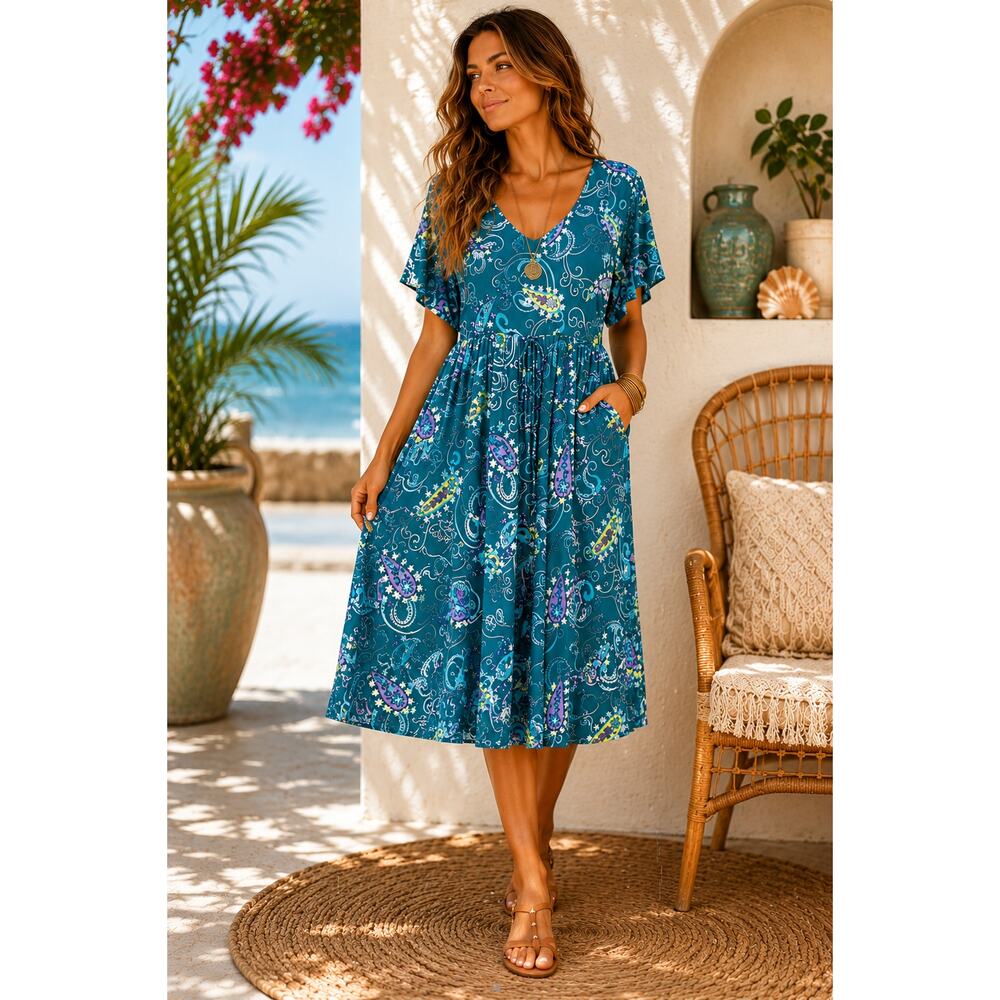 Diane Von Furstenberg Paisley Midi Dress S/M Boho Coastal Pockets